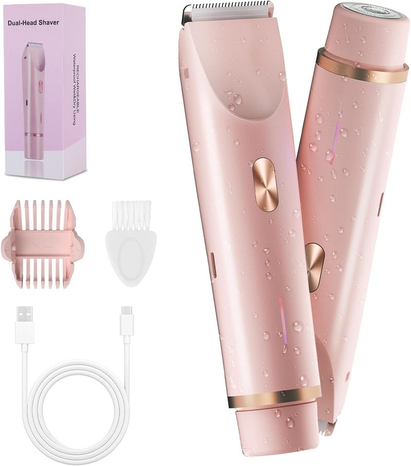 FIONOFY 2-in-1 Bikini Trimmer for Women, Bikini Shaver with Dual Heads, Body and Facial Hair Removal, Rechargeable Cordless Electric Razors for Face Chin Pubic Underarm Legs, IPX7 Waterproof, Pink - Image 1